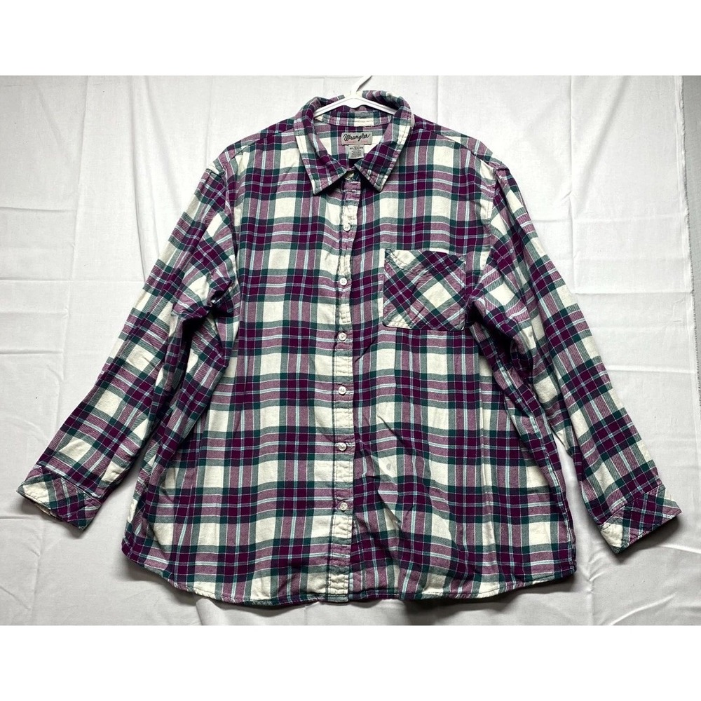 VTG Wrangler Wrancher Flannel Shirt Women 3XL Purple White Plaid Classic Button
